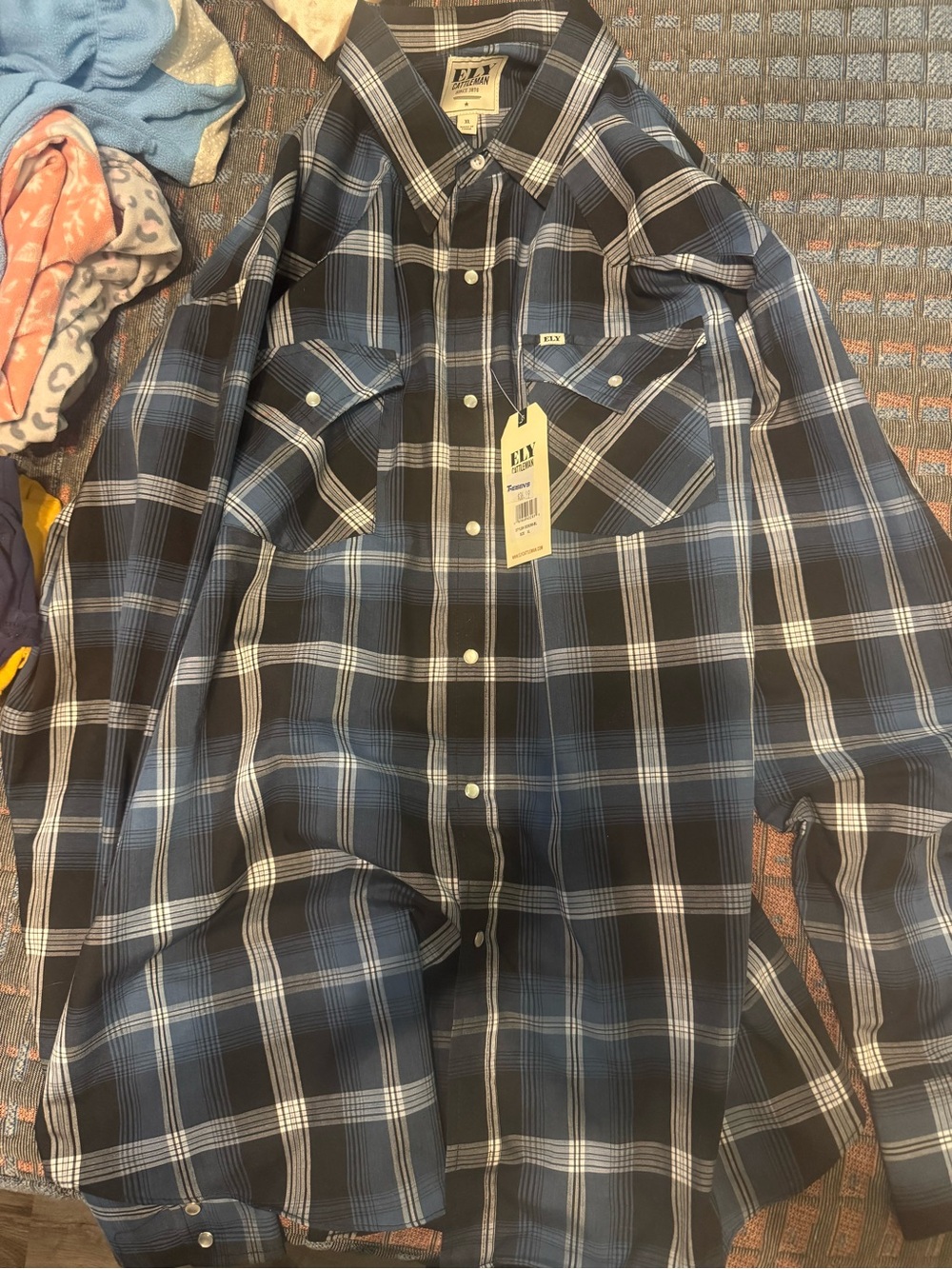 Ely Cattleman Blue and Black Plaid Button-Down Work Shirt